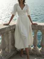Linen Maxi Dress, Half Sleeve, Shawl Collar, Plain, Vintage, White
