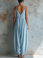 Light Blue Linen Tencel Loose Jumpsuit