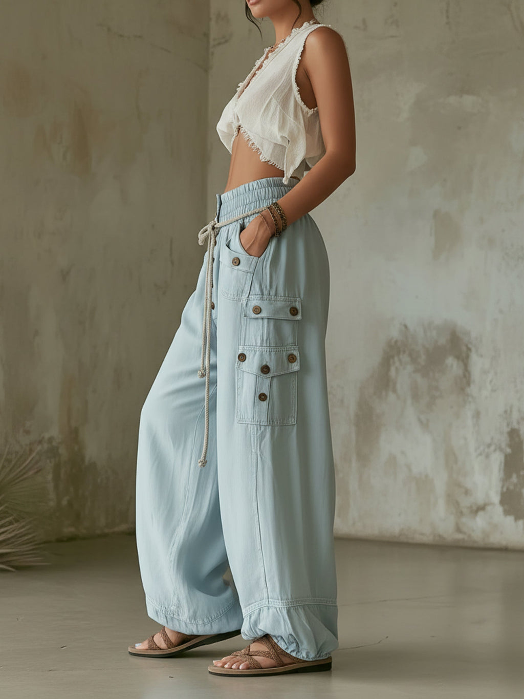 Light Blue Tencel Denim Cargo Balloon Pants