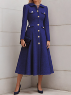 Pink Buckle Tweed Pointed Collar Long Sleeve A-Line Midi Dress