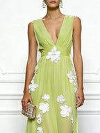 Light Green Applique Chiffon V Neck Sleeveless A-Line Maxi Dress