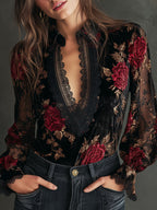 Retro Lace Stitching Velvet Rose Print Lantern Sleeves Blouse