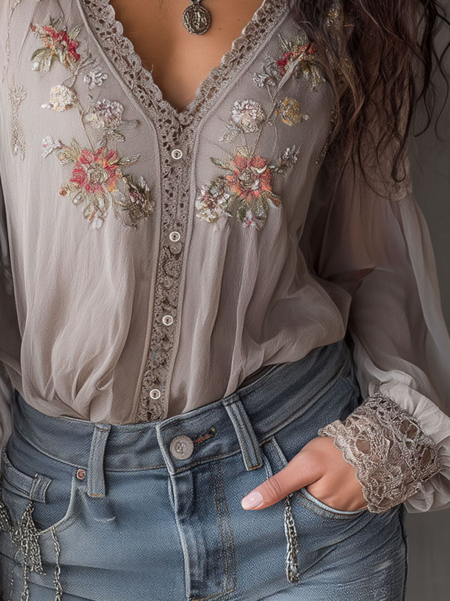 Romantic Floral Embroidered Sheer Blouse With Lace Trim