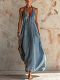 Light Blue Denim Halter Neck Maxi Dress
