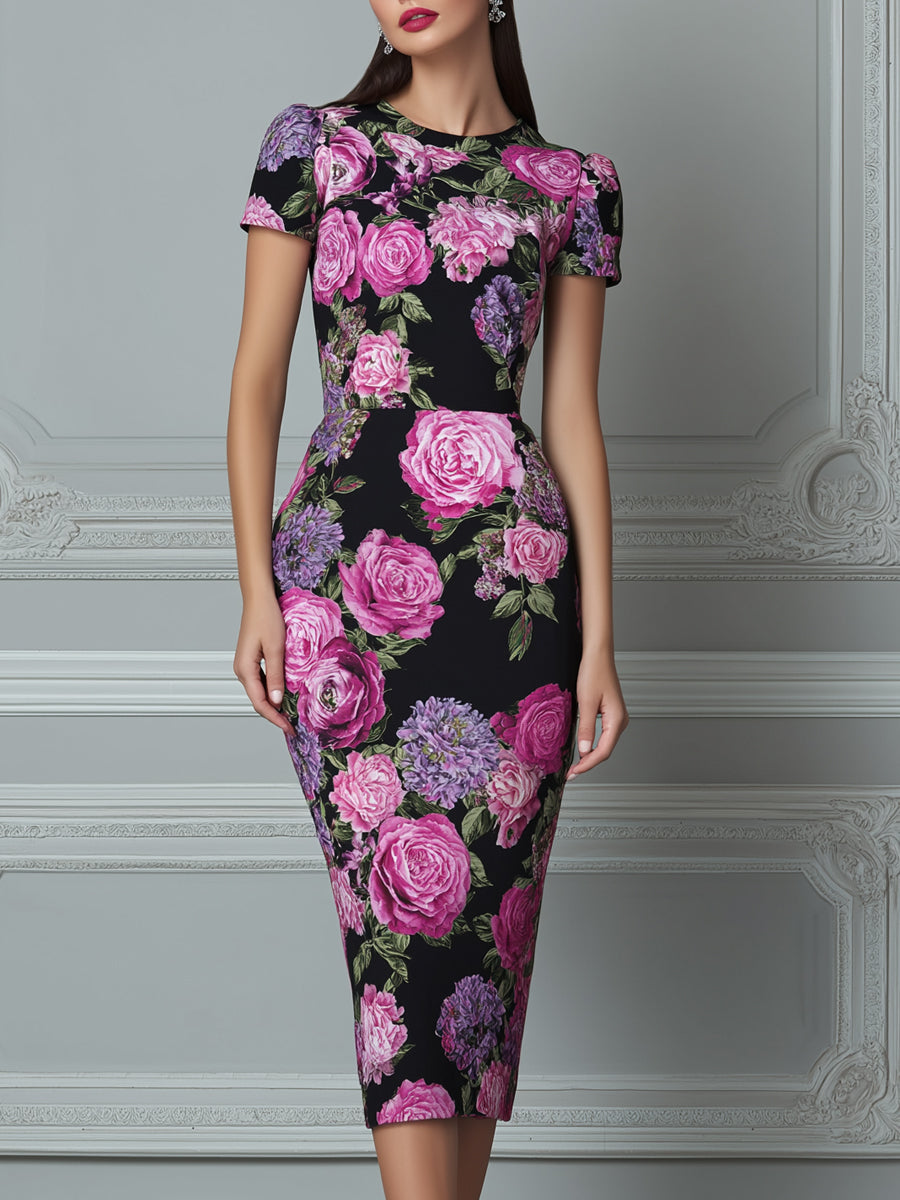 Black Floral Print Short Sleeve Bodycon Midi Dress