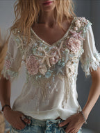Women's Bohemian Style Marine Art Breathable V-neck Short Sleeve Top