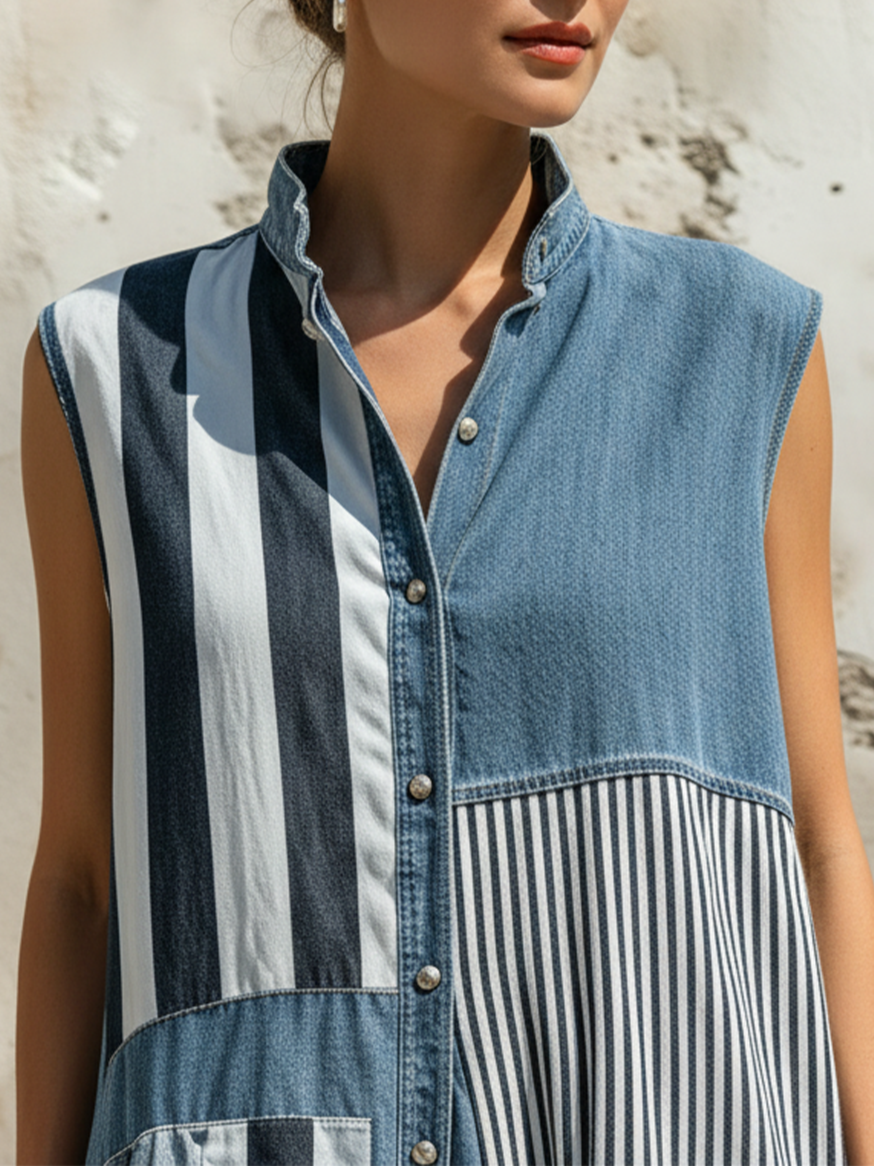Patchwork Denim & Stripe Sleeveless Maxi Dress Stand Collar