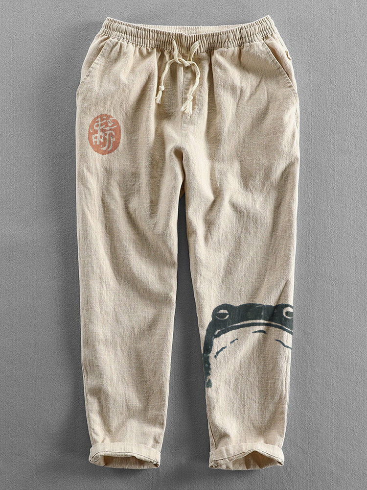 Japanese Art Frog Print Cozy Cotton Linen Pants