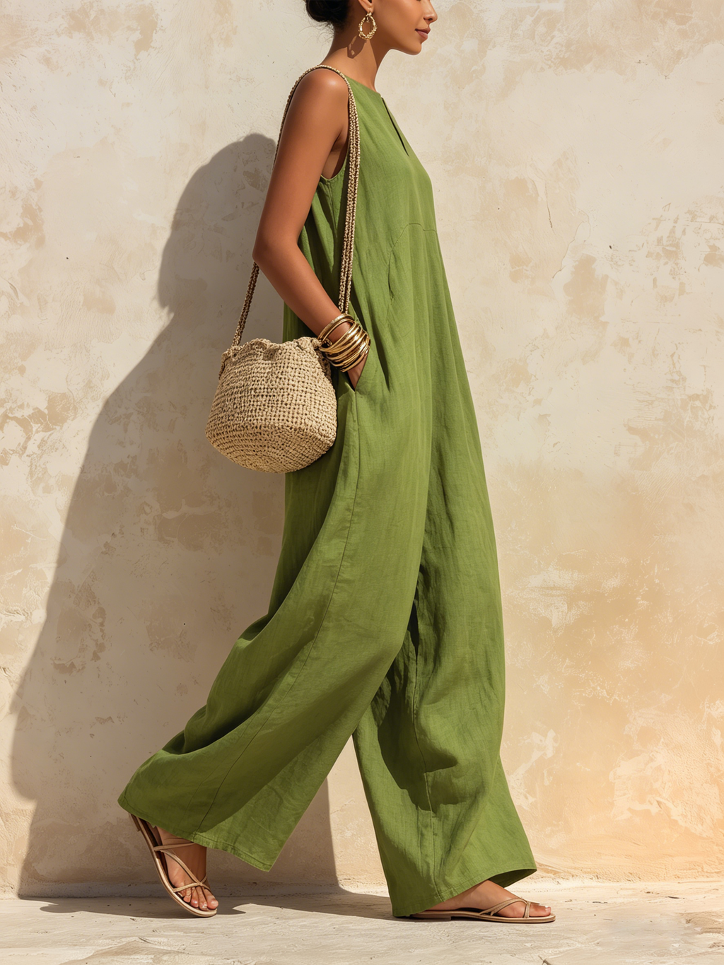 Sleeveless Wide-Leg Linen-Blend Jumpsuit