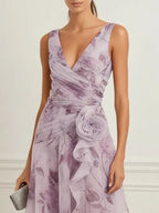 Purple 3D Floral Chiffon V Neck Sleeveless A-Line Gown Dress