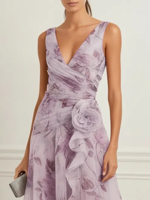 Purple 3D Floral Chiffon V Neck Sleeveless A-Line Gown Dress