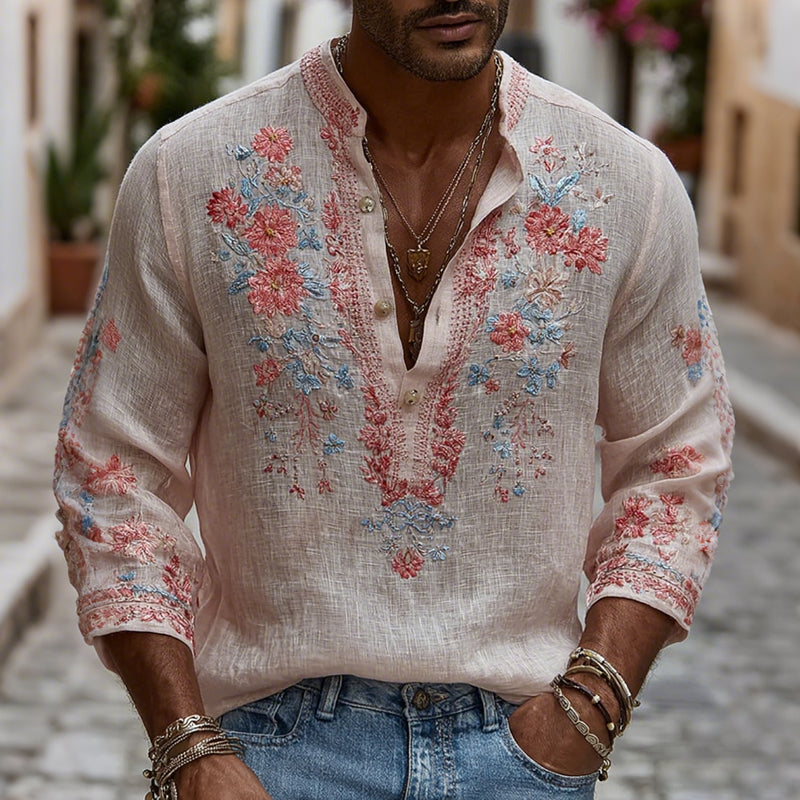 Men's Vintage Spring Floral Embroidered Art Print Casual Shirt