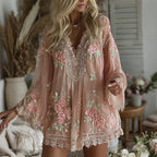 Women's Vintage Pink Floral Art V-neck Mini Dress