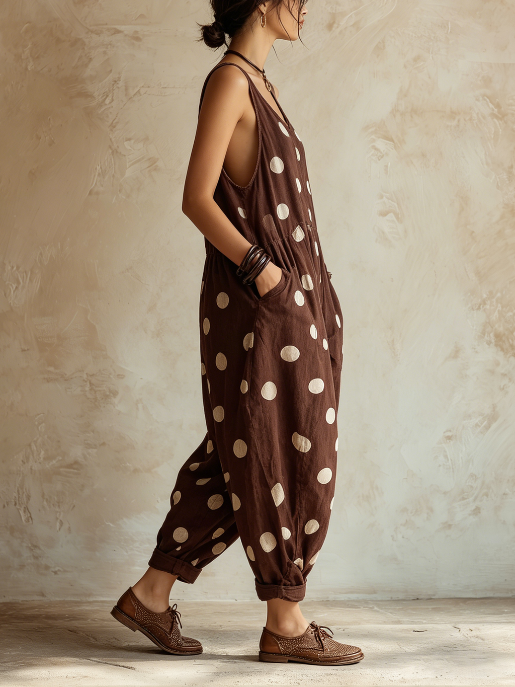 Brown Polka Dot Linen-Blend Loose Sleeveless Jumpsuit