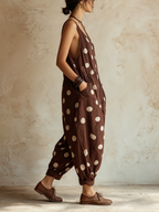 Brown Polka Dot Linen-Blend Loose Sleeveless Jumpsuit
