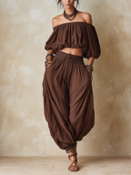 Bohemian Off-Shoulder Crop Top & Harem Pants Two-Piece Set