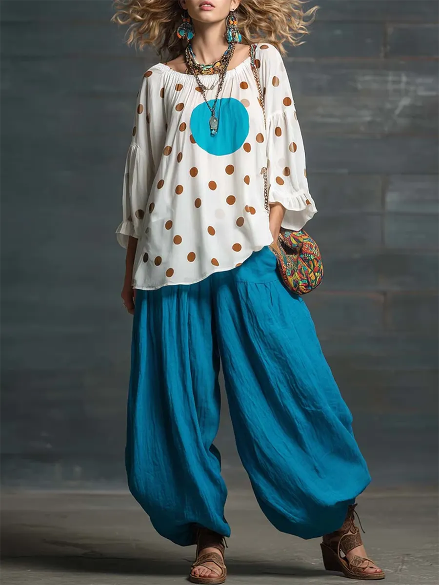 Artistic Color-block Polka Dot Cotton-linen Two-piece Set
