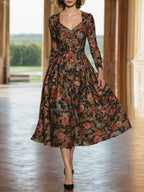 Midi Linen Dress, Long Sleeves, Sweetheart Neck, Floral, Button Design, Vacation, Vintage, Deep Brown