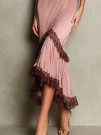 Elegant Blush Satin Lace-Trim Slip Midi Dress With Asymmetric Hem