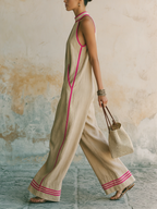 Neon Pink Trim Halter Neck Linen Jumpsuit | Relaxed Fit Wide Leg Vacation Overall
