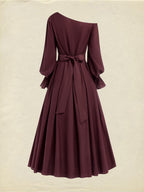 Midi Cotton Dress, Long Sleeves, One Shoulder, Plain, Belt Design, French Vintage, CAMEO BROWN
