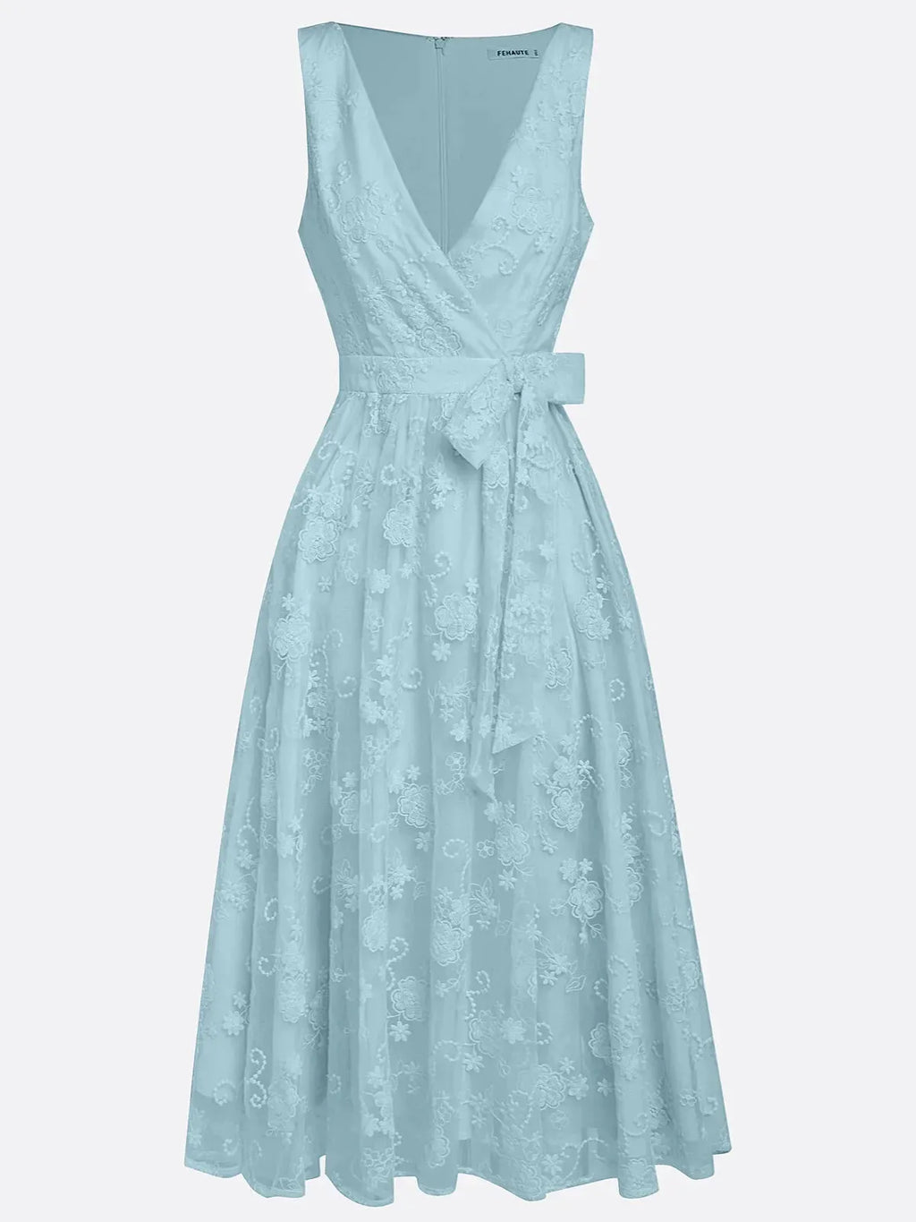 Light Blue Bow Embroidery Classic V Neck Sleeveless A-Line Midi Dress With Pockets