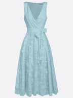 Light Blue Bow Embroidery Classic V Neck Sleeveless A-Line Midi Dress With Pockets