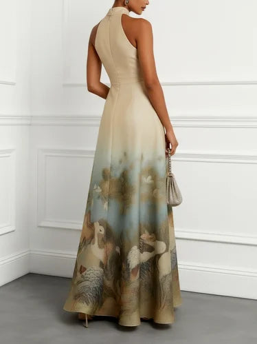 Light Khaki Floral Classic Halter Sleeveless A-Line Floor-length Gown Dress
