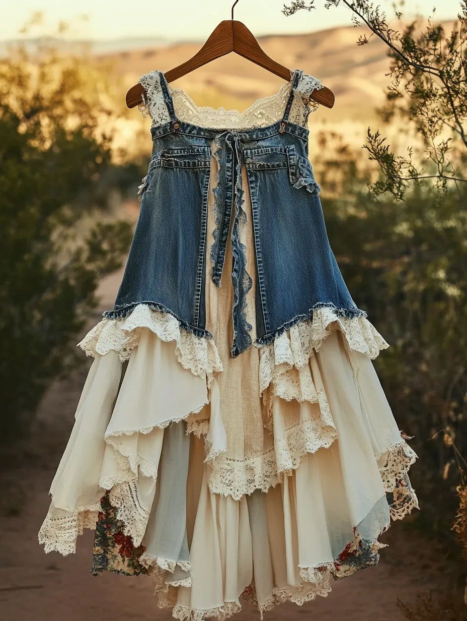 Summer Handmade Lace Denim Patchwork Dress eab5