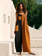 Two-Tone Patchwork Linen-Blend Overalls