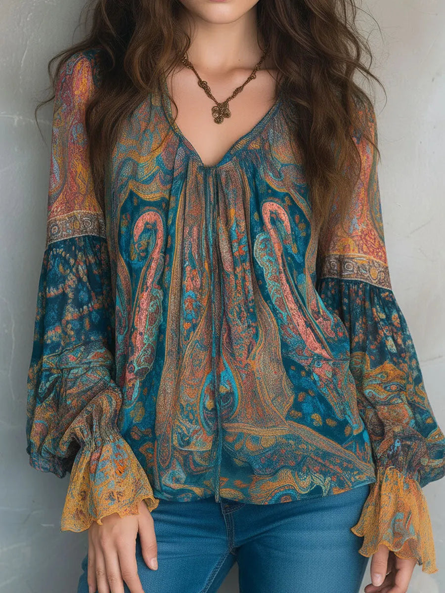 Bohemian Teal & Amber Paisley Chiffon Blouse With Ruffled Cuffs