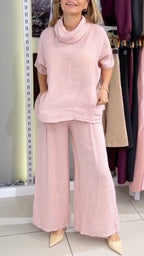 Women's High-Neck Cotton Linen Loose Casual Suit
