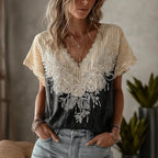 Butterfly Flower Embroidery Patchwork Striped Design Women's Summer Linen T-shirt