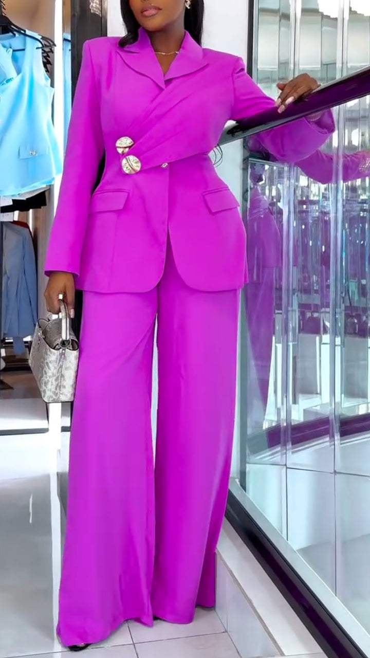 Wrap Detail Blazer & Wide Leg Pant Suit Set
