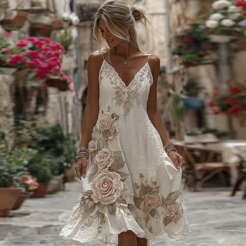 Women's Vintage Floral Roses Art Print Flowy Linen Blend Casual Suspender Mini Dress