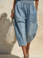 Off-the-Shoulder Denim Linen Blend Culotte Jumpsuit