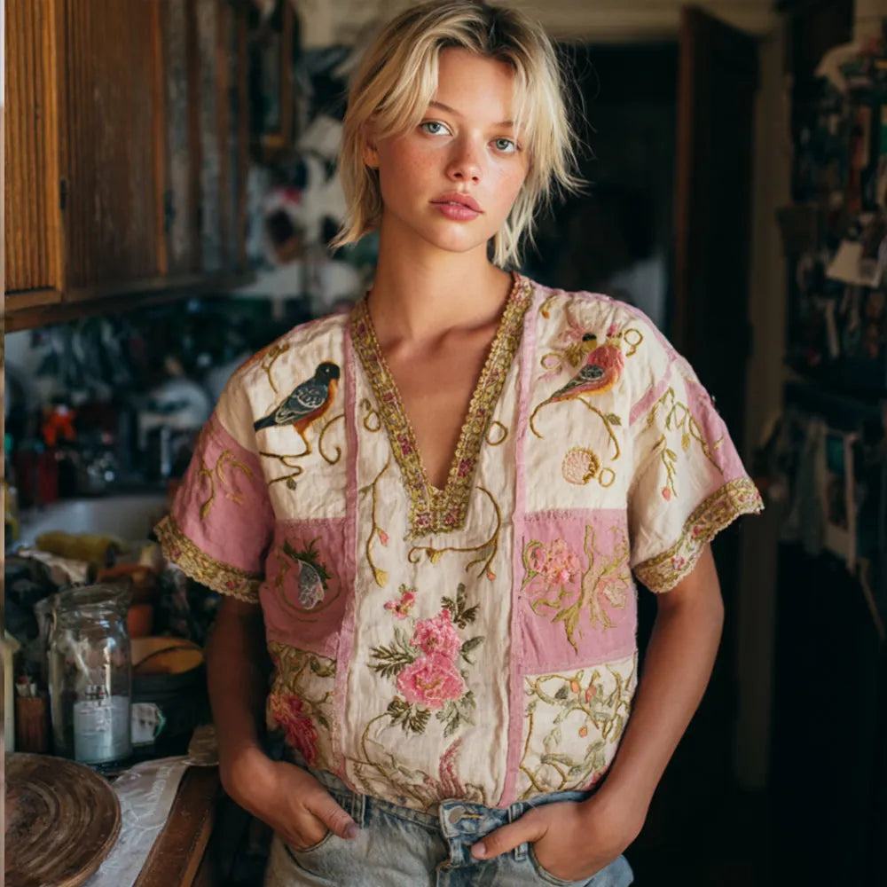 Bohemian Floral Bird Embroidery Casual V-neck Short-sleeved Top