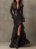 Black Faux Leather Corset Maxi Dress With Lace Sleeves