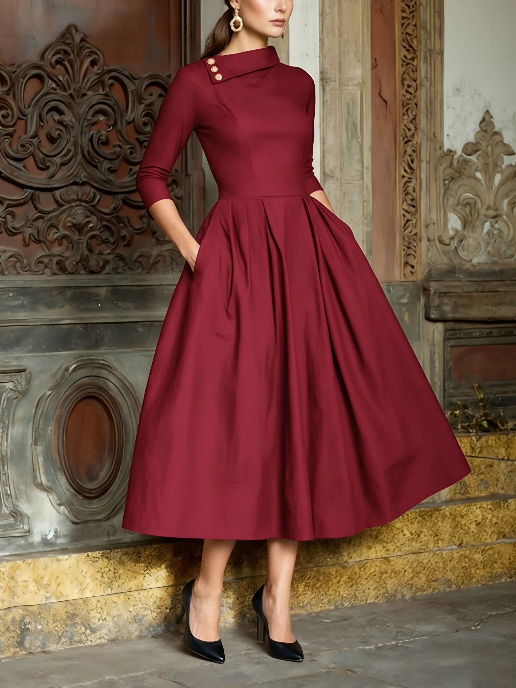 Midi Cotton Dress, Half Sleeve, Shawl Collar, Plain, Pocket Design, Vintage, Crimson