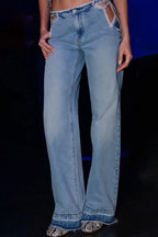 Light Wash Rhinestone Cutout Waist Wide Leg Denim Jeans