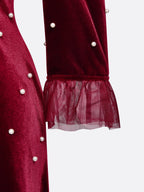 Burgundy Beaded Mock Neck Three Quarter Sleeve A-Line Maxi Velvet Dress