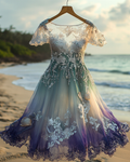 Summer Vacation Bohemian Hand Embroidered Lace Chiffon Dress c19d