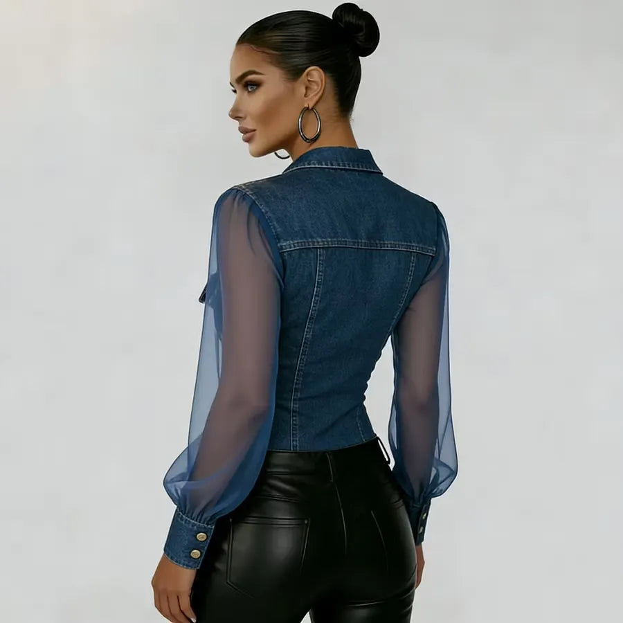 Denim Mesh Sleeve Corset Shirt Bodysuit