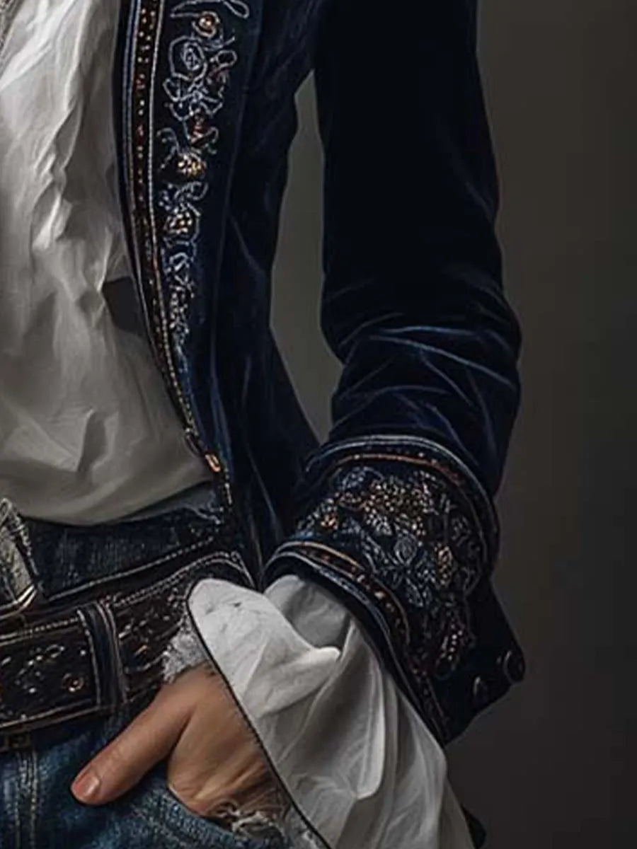 Vintage Navy Polyester Velvet Embroidered Long Jacket