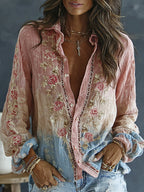 Women's Vintage Spring Floral Embroidered Art Print Flowy Linen Blend Casual Shirt