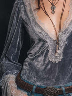 Vintage Gray Purple Velvet Lace Cuff Top