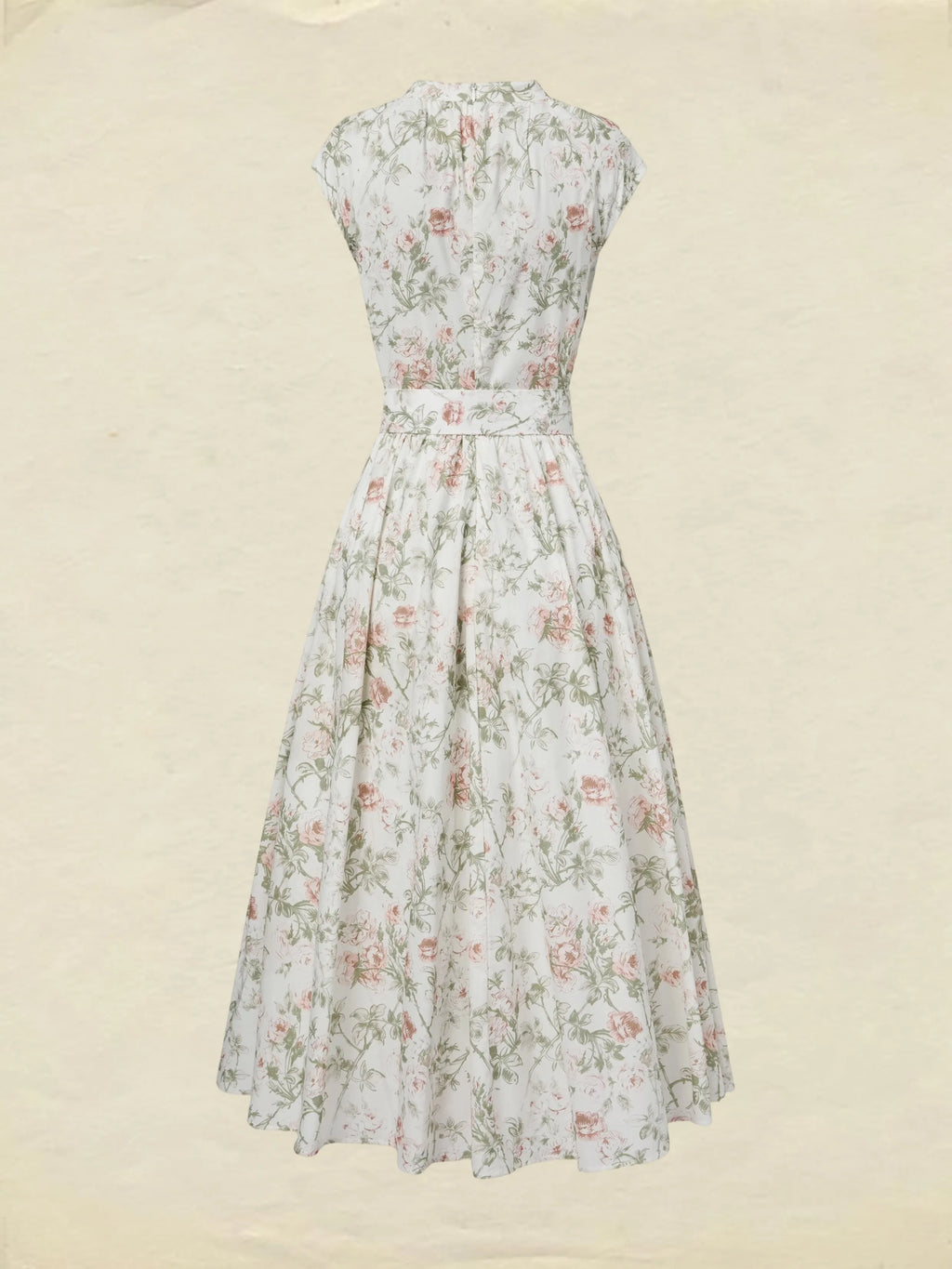 Midi Cotton Dress, Cap Sleeves, Round Neck, Floral, Belt Design, Vintage, Apricot