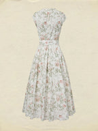 Midi Cotton Dress, Cap Sleeves, Round Neck, Floral, Belt Design, Vintage, Apricot