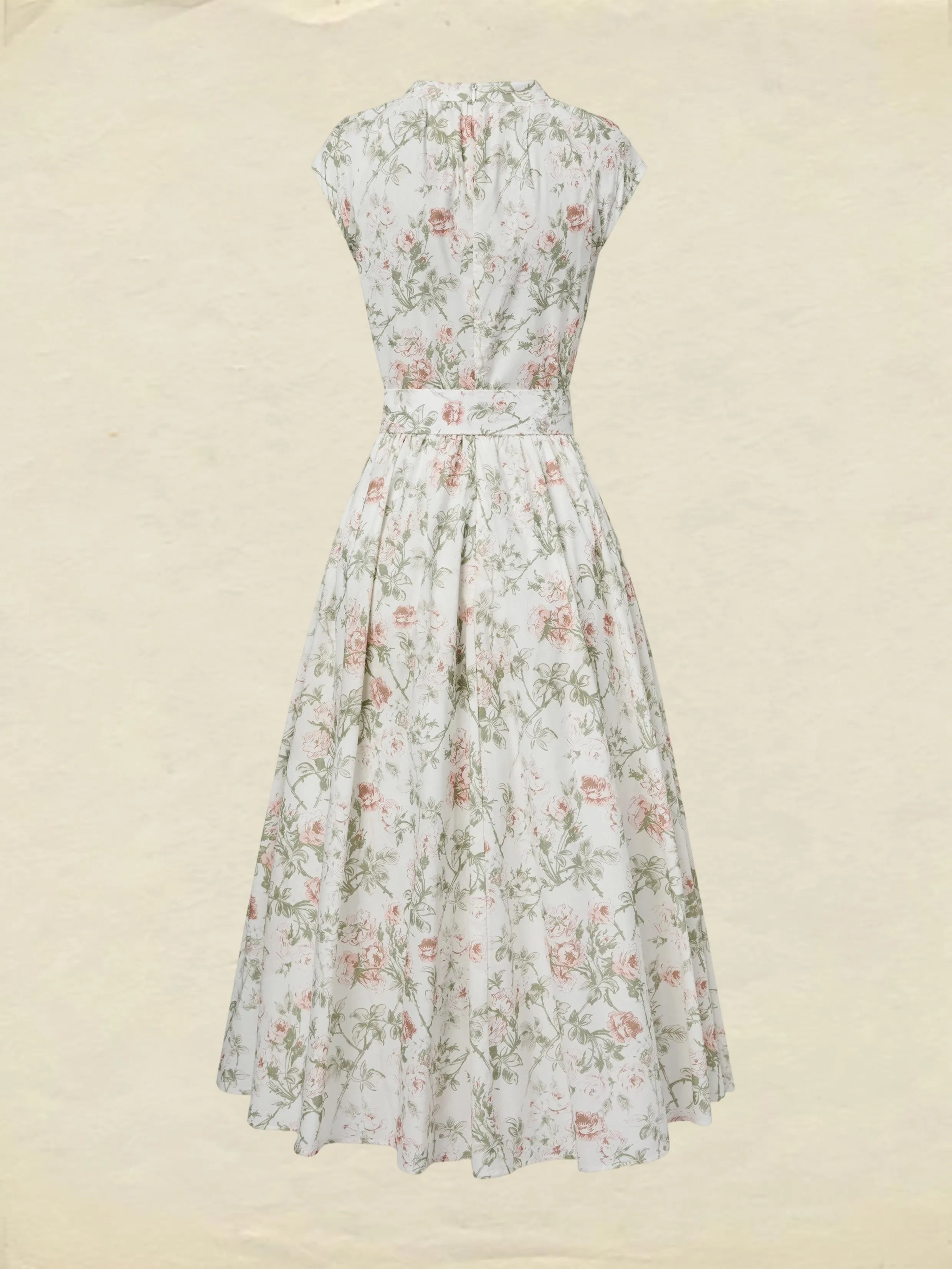 Midi Cotton Dress, Cap Sleeves, Round Neck, Floral, Belt Design, Vintage, Apricot