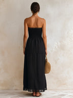 Black Cotton-Linen Blend Strapless Lace Trim Tiered Maxi Dress